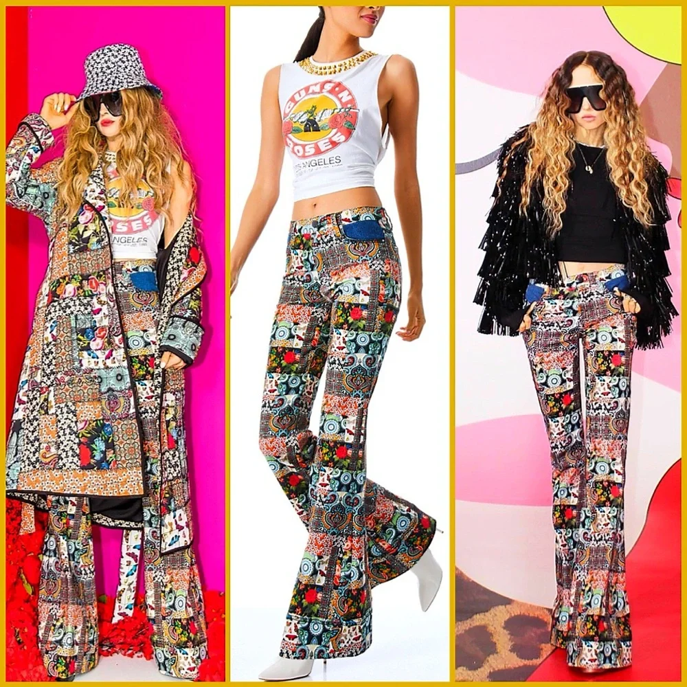 Alice + Olivia Beautiful Patchwork Mid Rise Denim Floral Flared Bell Jeans - Picture 8 of 17